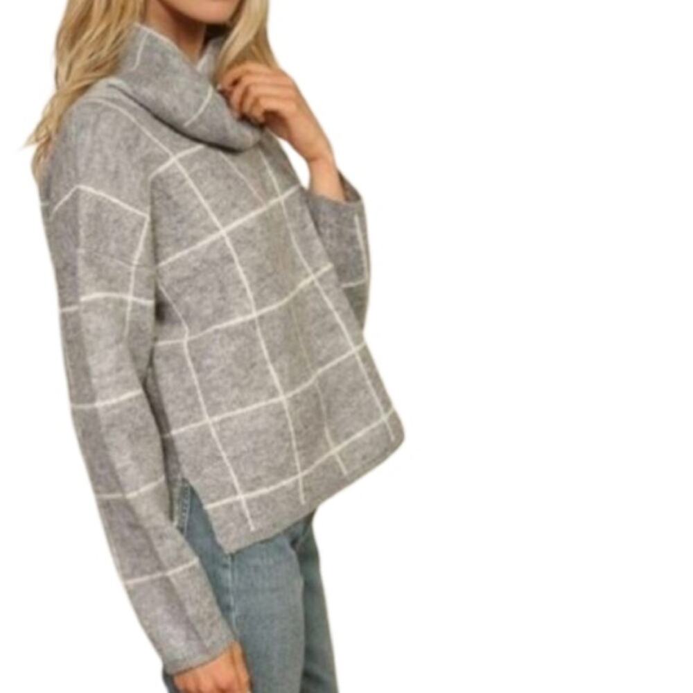 Lumiere Gray Turtleneck Grid Sweater Size S - Picture 2 of 6